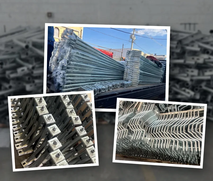 Braços e acessórios galvanizados prontos para distribuição pela Braçolum