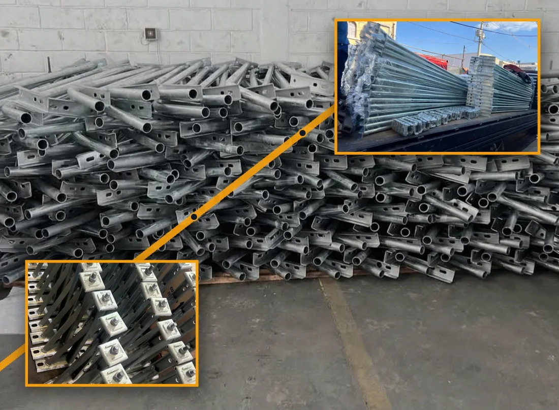 Estoque de braços e acessórios galvanizados da Braçolum prontos para distribuição
